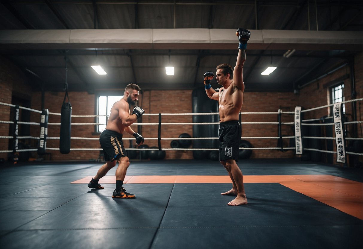 People practicing MMA in a gym, sweating and focused. The space is well-lit and filled with equipment