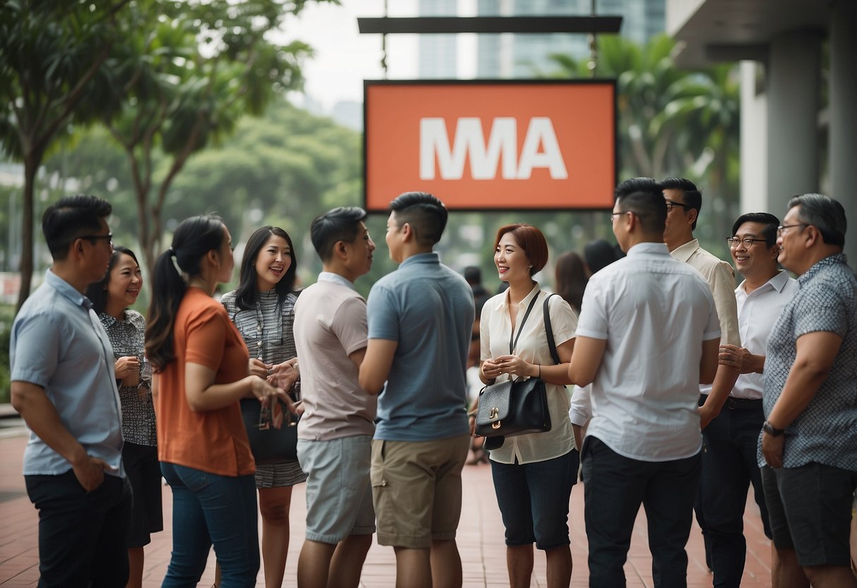 A group of people gathered around a sign that reads "Frequently Asked Questions mma singapore"
