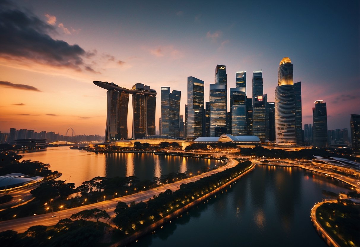 The sun sets over the Singapore skyline as the city lights begin to illuminate the streets during Asar time