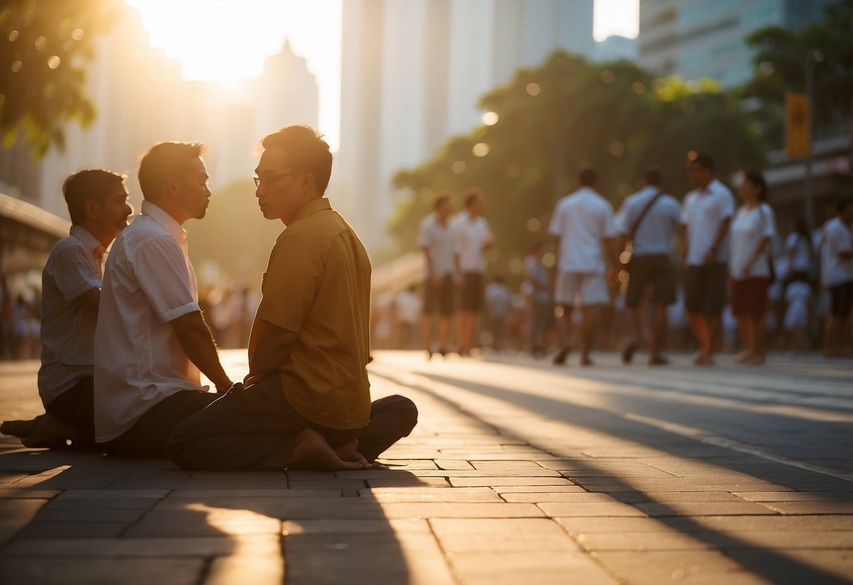 The sun is low in the sky, casting long shadows as the call to prayer echoes through the streets of Singapore. The city is bathed in a warm, golden light as people pause to perform their Asar prayers