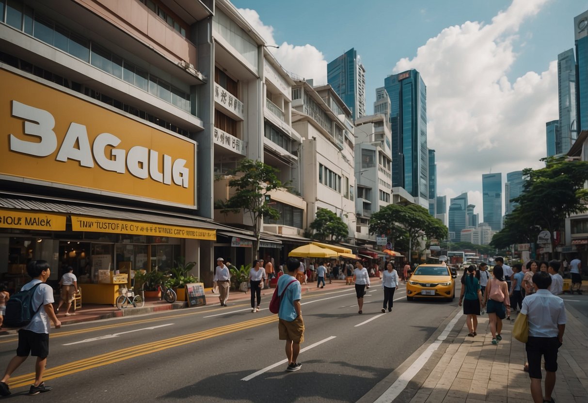 A bustling street in Singapore, with Baggu store signage and vibrant storefronts. Pedestrians walk past, and the city skyline looms in the background