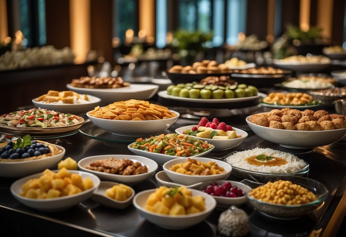A lavish buffet spread fills the elegant dining room at Amara Hotel Singapore, with a variety of international cuisines and decadent desserts on display