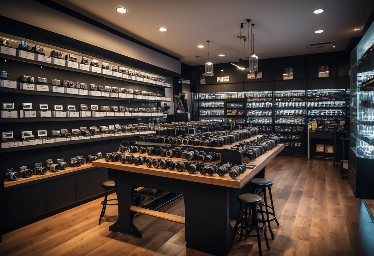 A bustling camera shop in Singapore with shelves of lenses, tripods, and cameras. Brightly lit displays showcase the latest models