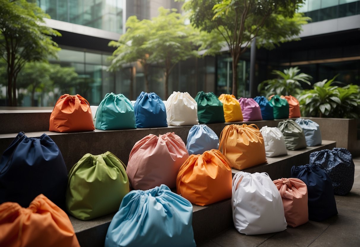 A colorful array of Baggu Singapore products on display, surrounded by lush greenery and modern architecture