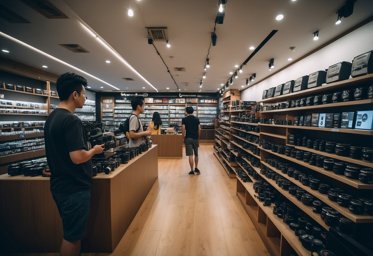 Customers browsing shelves of cameras, lenses, and accessories in a brightly lit camera shop in Singapore