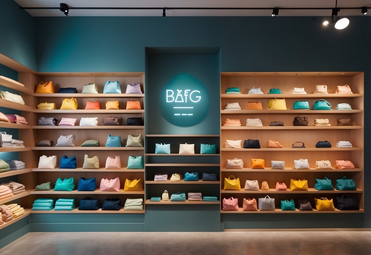 Customers browse colorful Baggu products in a modern, minimalist store with sleek shelves and bright lighting