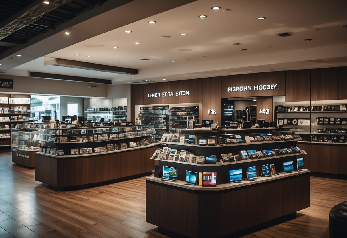 A bustling camera shop in Singapore, with shelves lined with various camera models and accessories. Customers browse and interact with knowledgeable staff