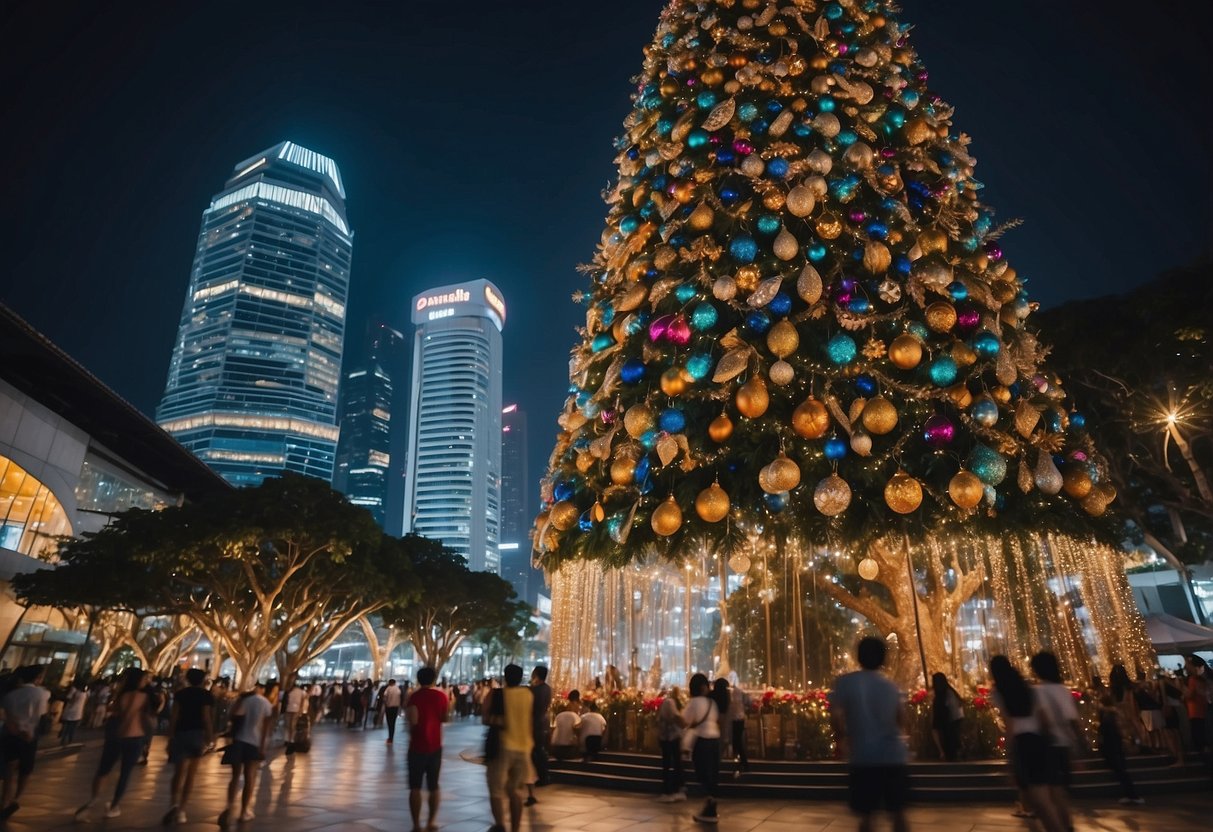 A sparkling Christmas tree stands tall in the heart of Singapore, adorned with colorful lights and ornaments, spreading festive cheer