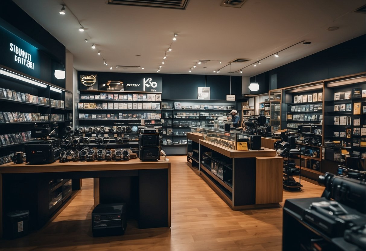 A bustling camera shop in Singapore, with shelves of equipment and customers browsing