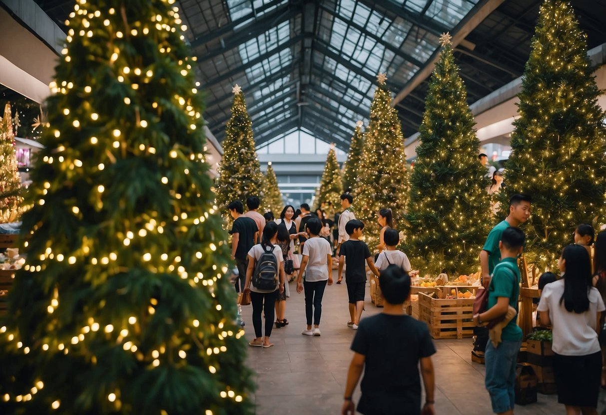Families browse rows of lush, green Christmas trees at a festive market in Singapore, surrounded by twinkling lights and holiday decorations