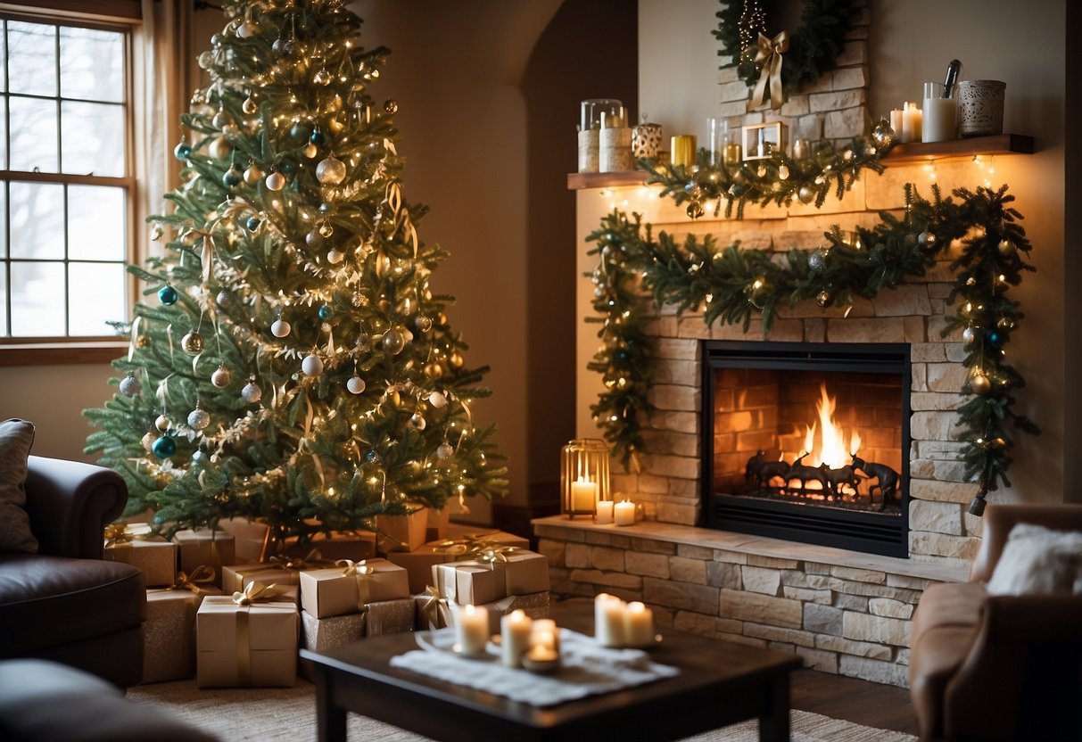 Ornaments and lights adorn a lush Christmas tree, standing tall in a cozy living room, surrounded by wrapped gifts and a warm fireplace