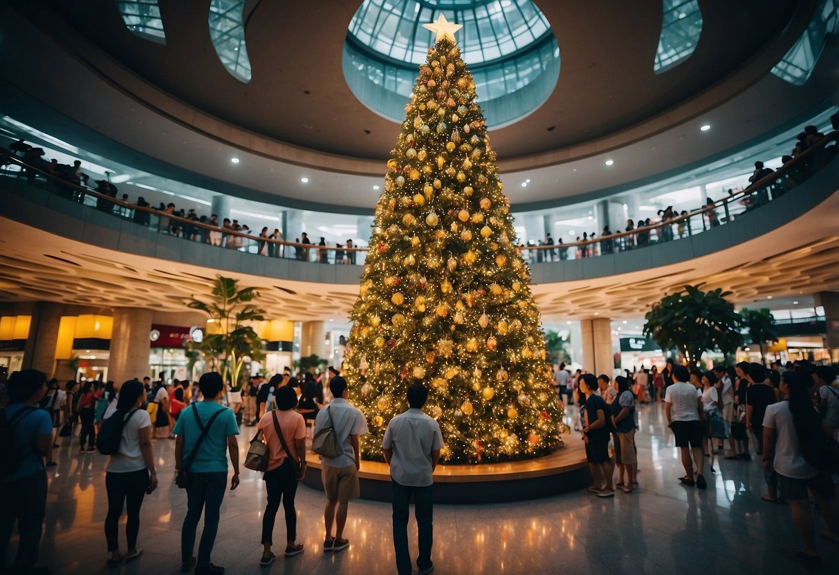 A colorful Christmas tree surrounded by curious onlookers in Singapore