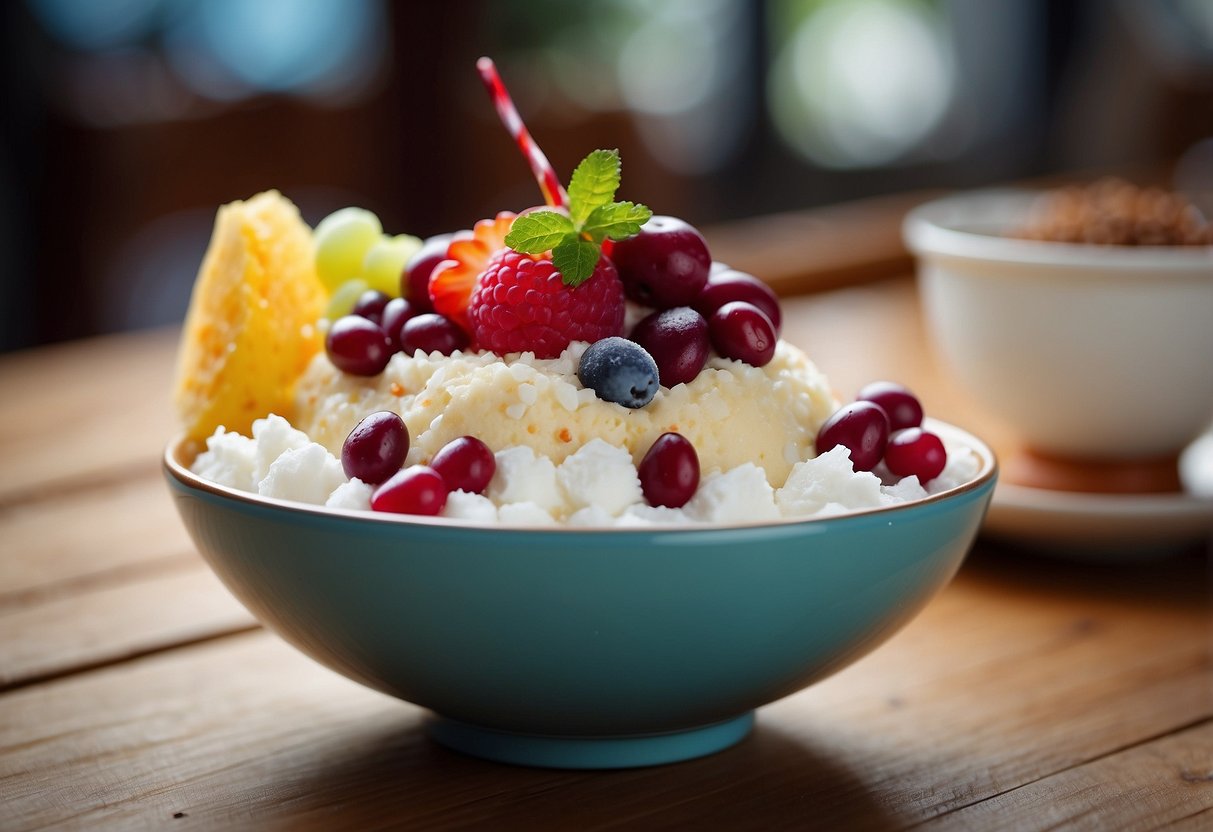 A colorful bowl of bingsu sits on a wooden table, topped with sweet red beans, chewy mochi, and a scoop of creamy ice cream, surrounded by a halo of finely shaved ice