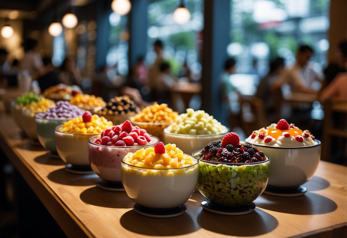 A table filled with colorful and delicious Bingsu varieties, surrounded by eager customers in a vibrant Singapore dessert cafe