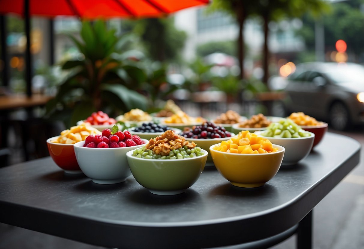 A colorful array of bingsu bowls on a sleek, modern cafe table, surrounded by lush greenery and vibrant street art in Singapore