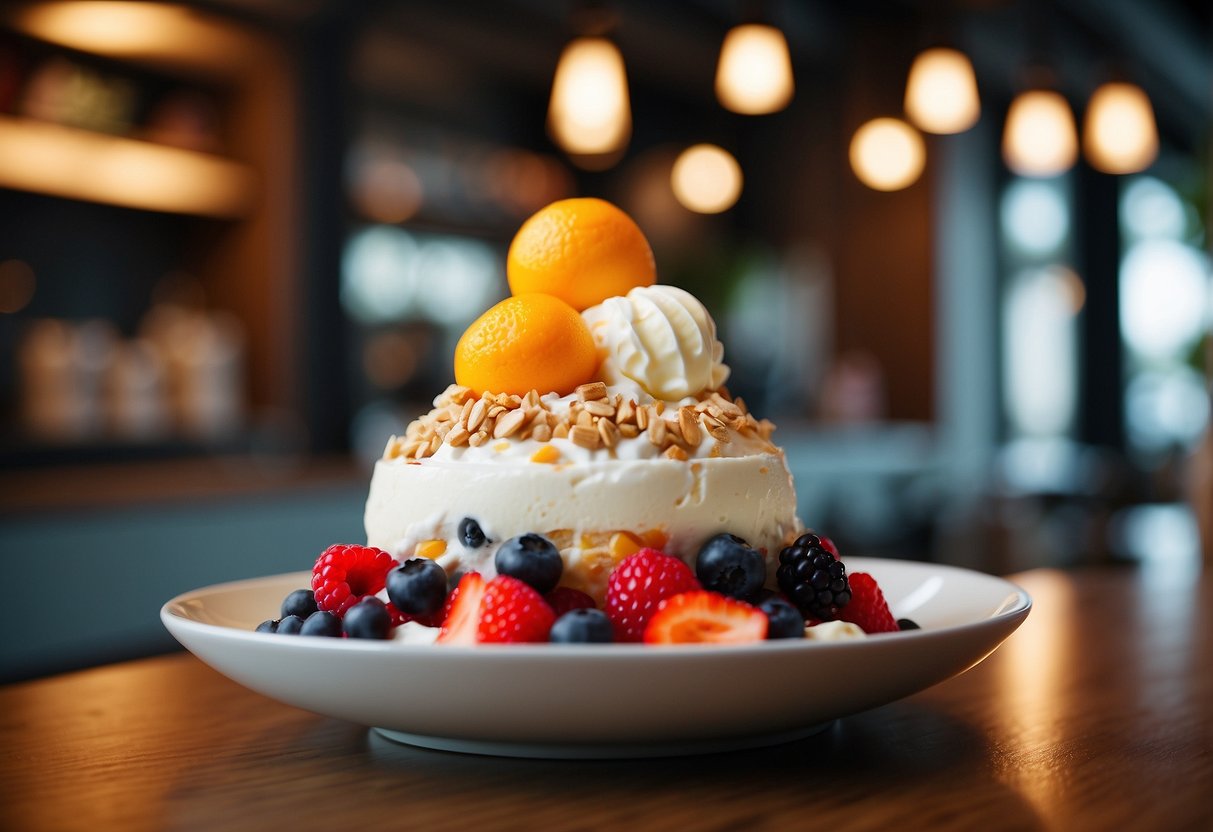 A colorful bingsu dessert surrounded by fresh fruits and topped with a dollop of creamy ice cream, served in a trendy Singaporean cafe
