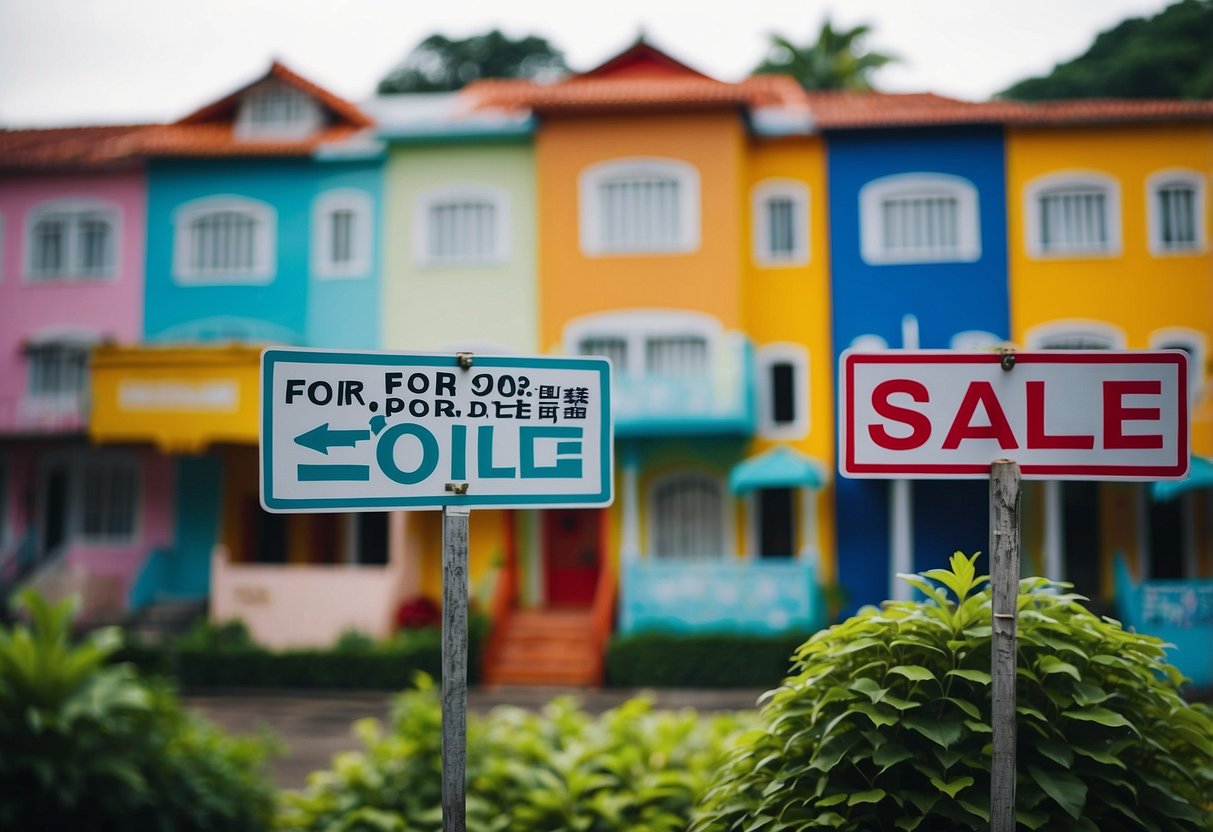 Several colorful houses with "For Sale" signs in Singapore