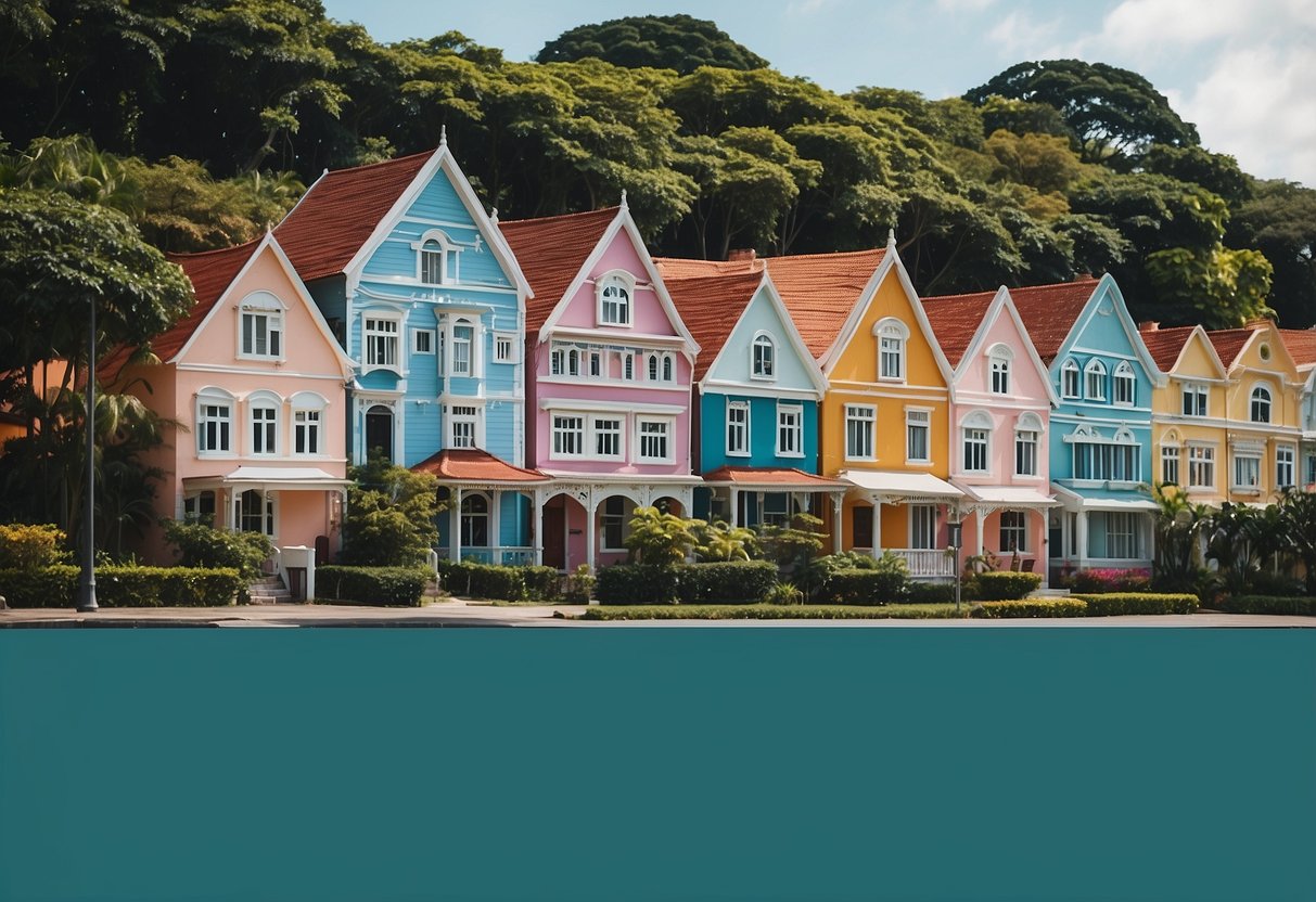 A row of colorful houses for sale in Singapore, with lush greenery and clear blue skies in the background