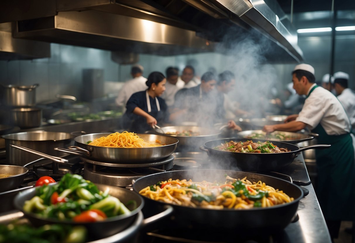 A bustling kitchen with sizzling woks, colorful ingredients, and steaming pots, all surrounded by busy chefs creating delicious dishes