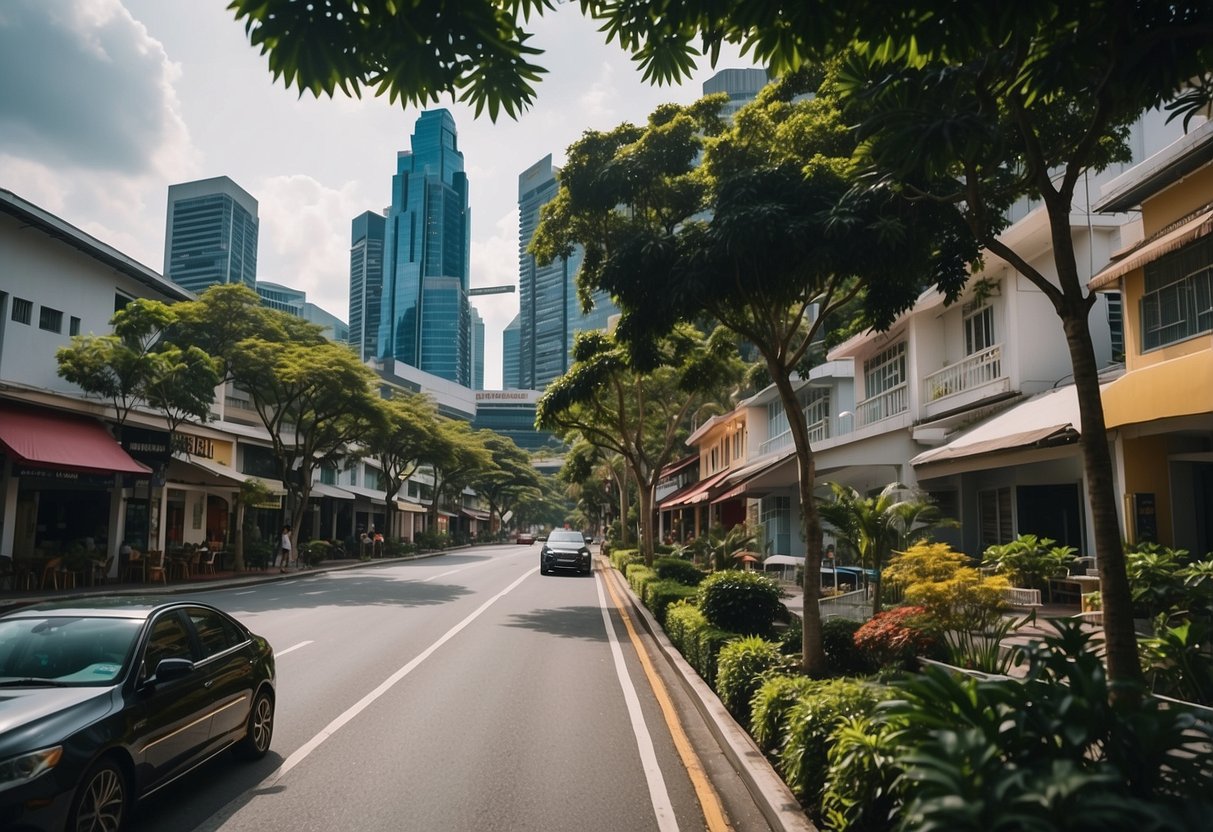 A bustling street in Singapore with colorful houses for sale, surrounded by lush greenery and modern buildings