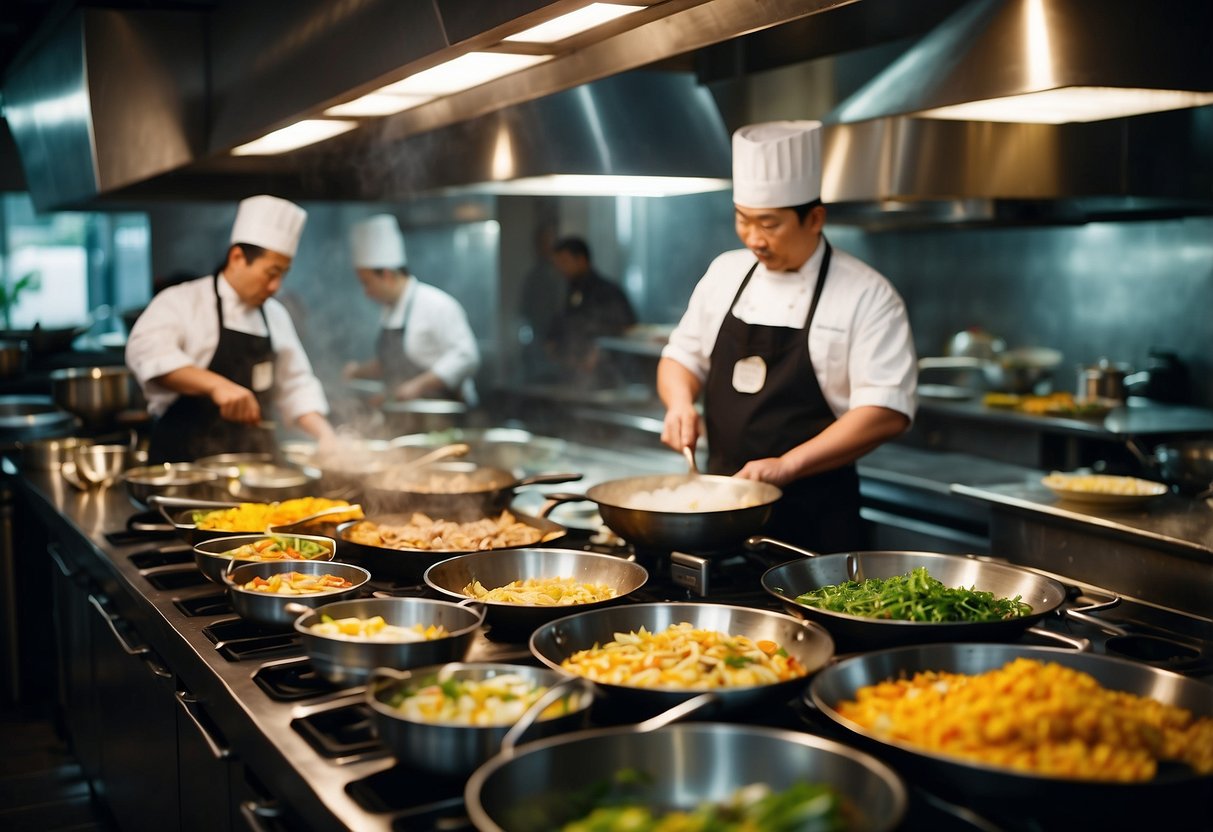 A bustling kitchen with sizzling pans, colorful ingredients, and chefs in action at "Plan Your Visit bok's kitchen" in Hidden Chefs Singapore