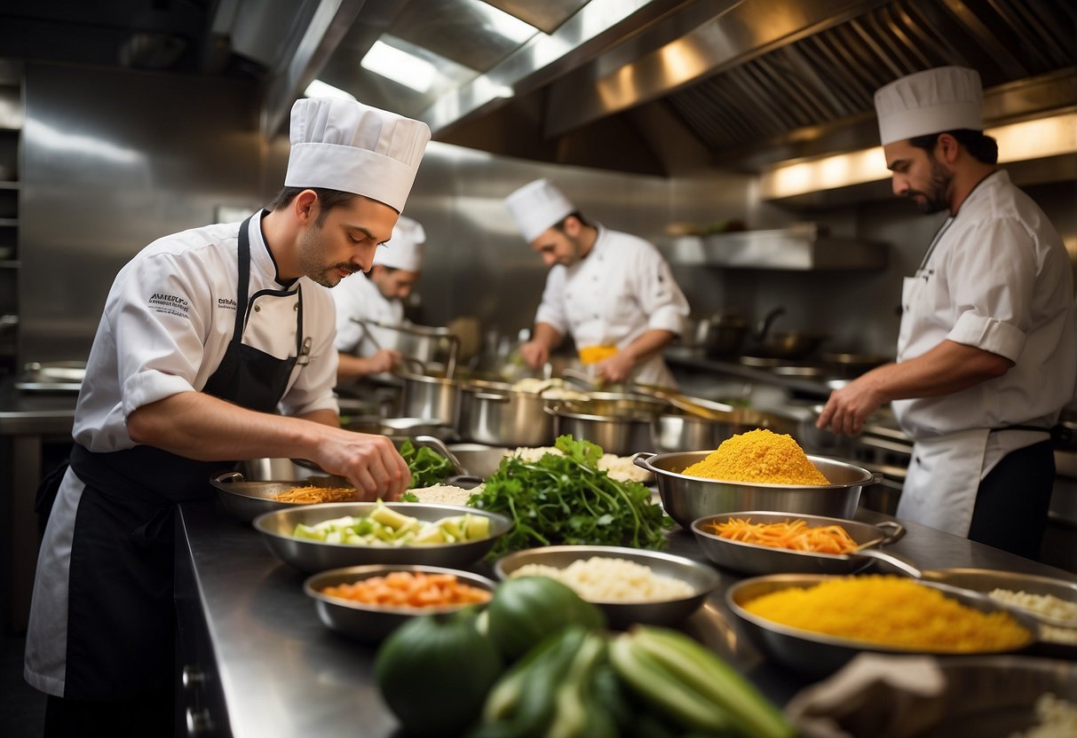 In a bustling kitchen, chefs work behind the scenes at Frequently Asked Questions bok's. Ingredients and utensils are scattered across the countertops as the chefs prepare delicious dishes