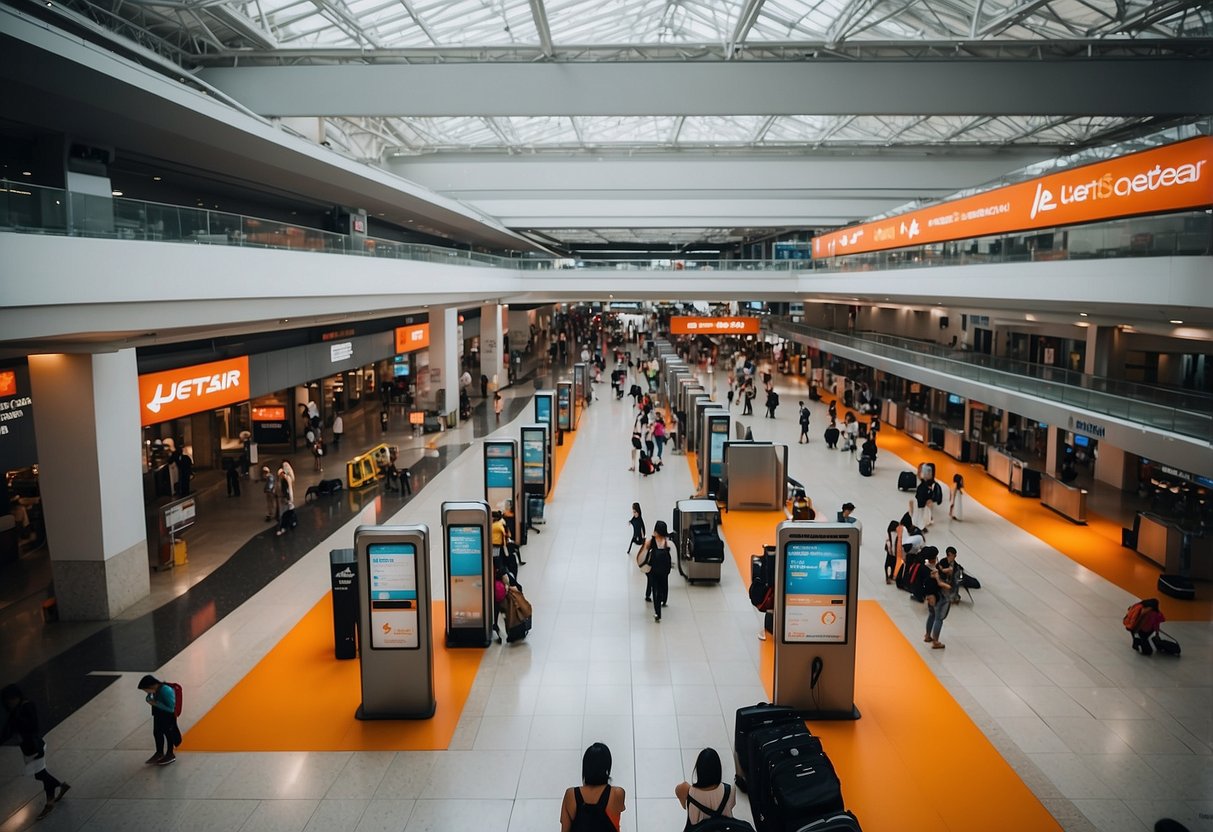Jetstar Singapore terminal bustling with travelers, check-in counters, and luggage carousels. Brightly lit with modern architecture and sleek signage