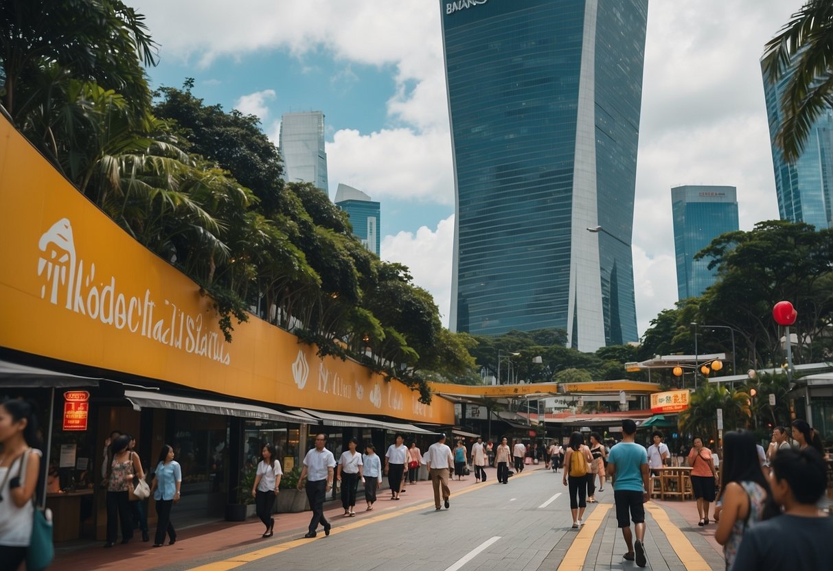 A bustling street in Singapore, with colorful signs and busy pedestrians. The iconic Marina Bay Sands can be seen in the distance