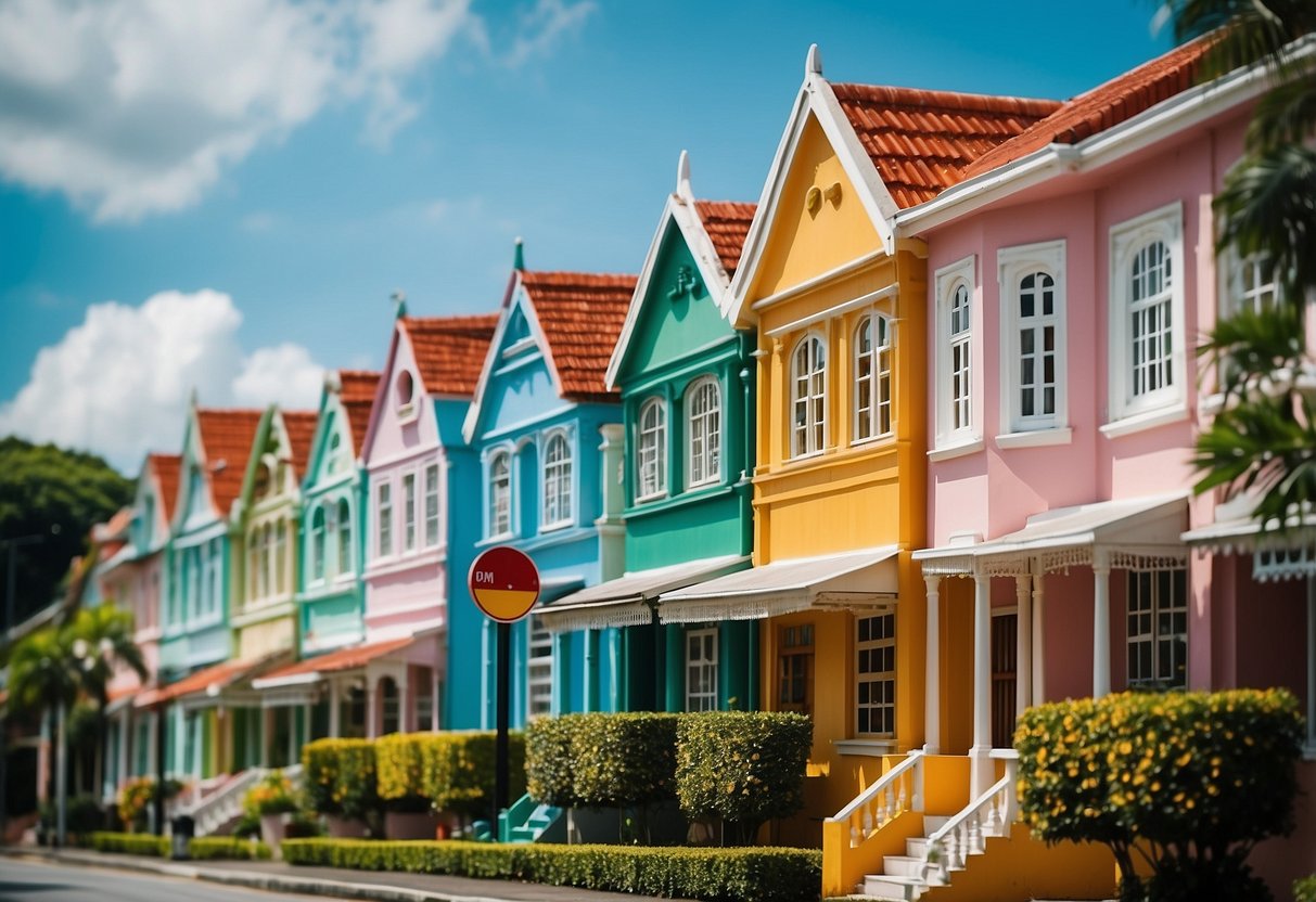 A row of colorful houses with "For Sale" signs in Singapore. Clear blue sky and lush green trees in the background