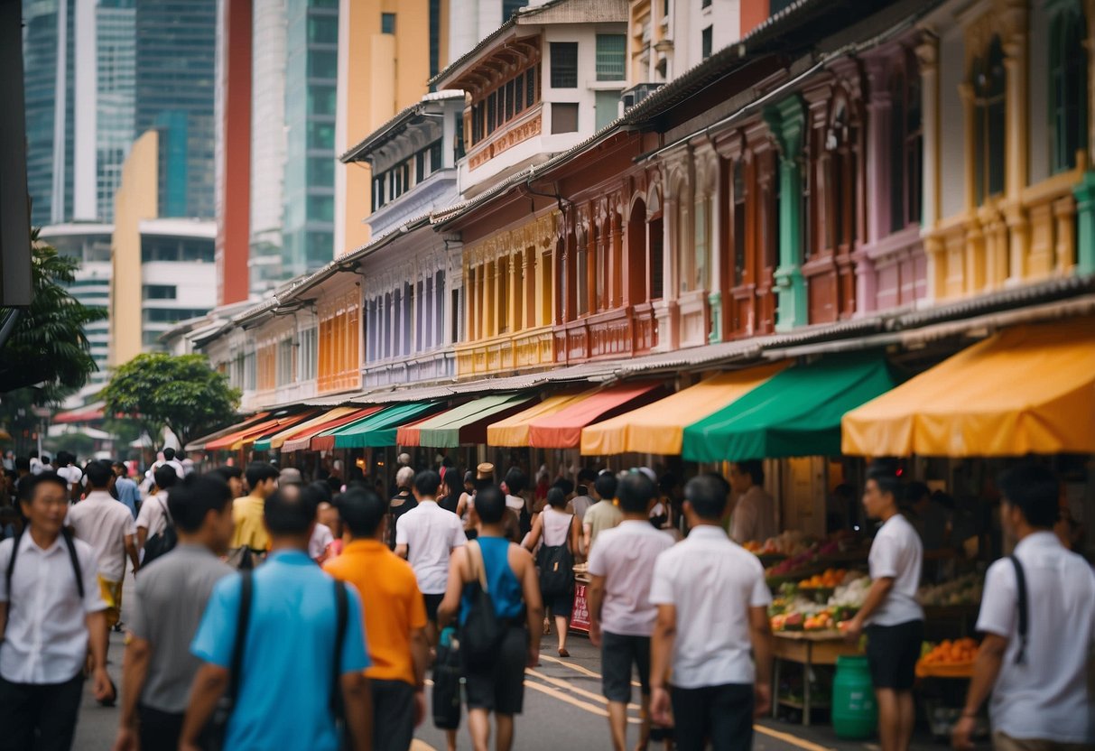 Colorful buildings line a bustling street in Singapore, with a mix of traditional and modern architecture. Street vendors sell local delicacies, while tourists explore the vibrant cityscape