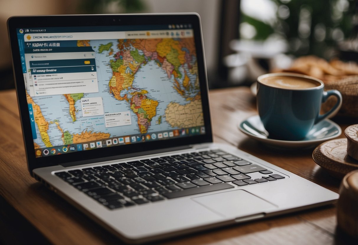 A person browsing KKday's website on a laptop, surrounded by travel guides and a map, with a satisfied expression