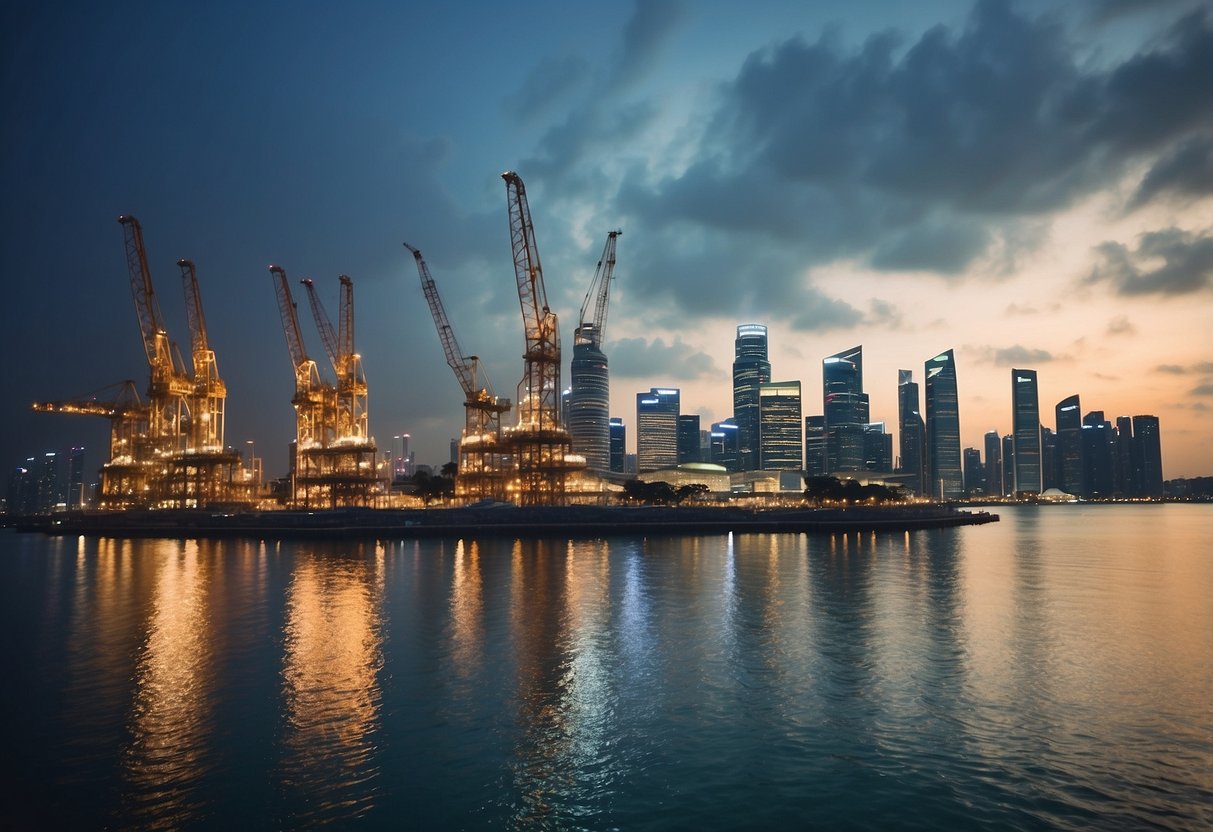 A large offshore platform sits in the waters of Singapore, surrounded by the city skyline and ships in the distance