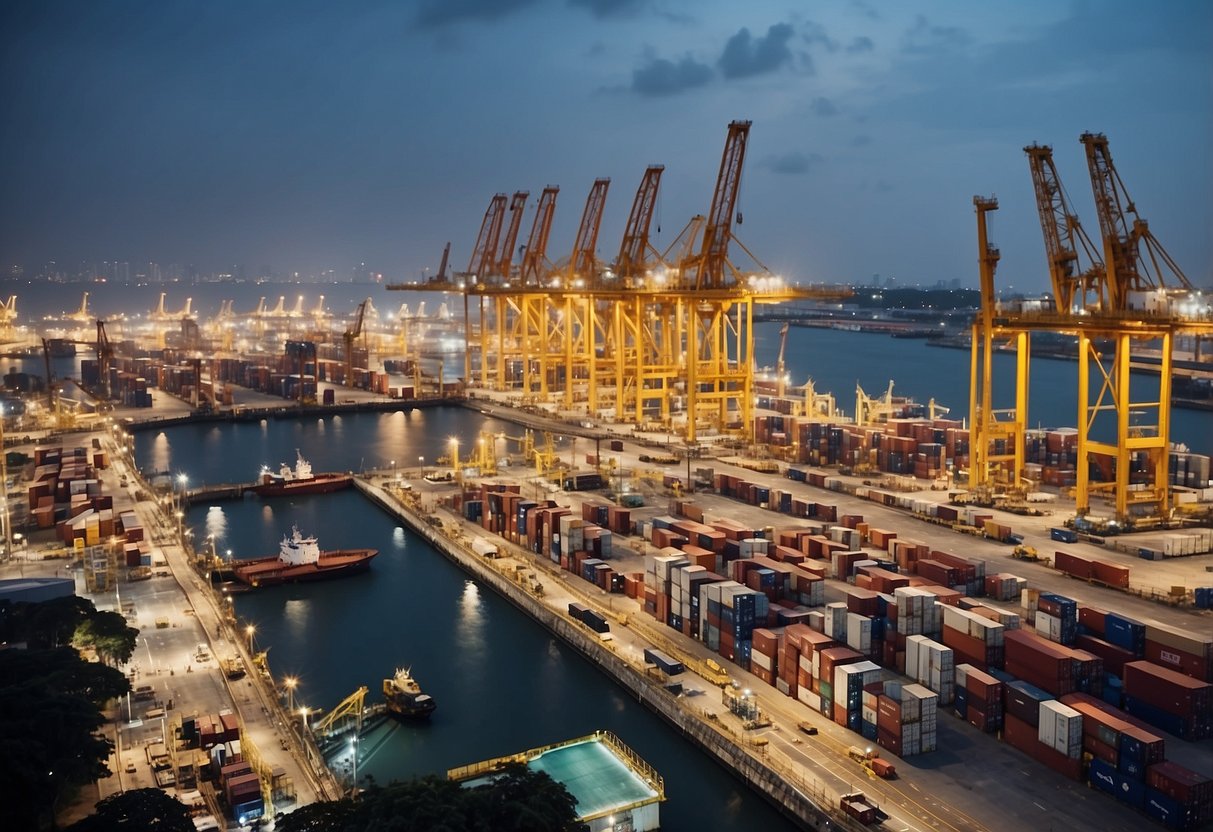 A bustling port with ships loading and unloading cargo, cranes lifting containers, and workers moving around the offshore company's facilities in Singapore