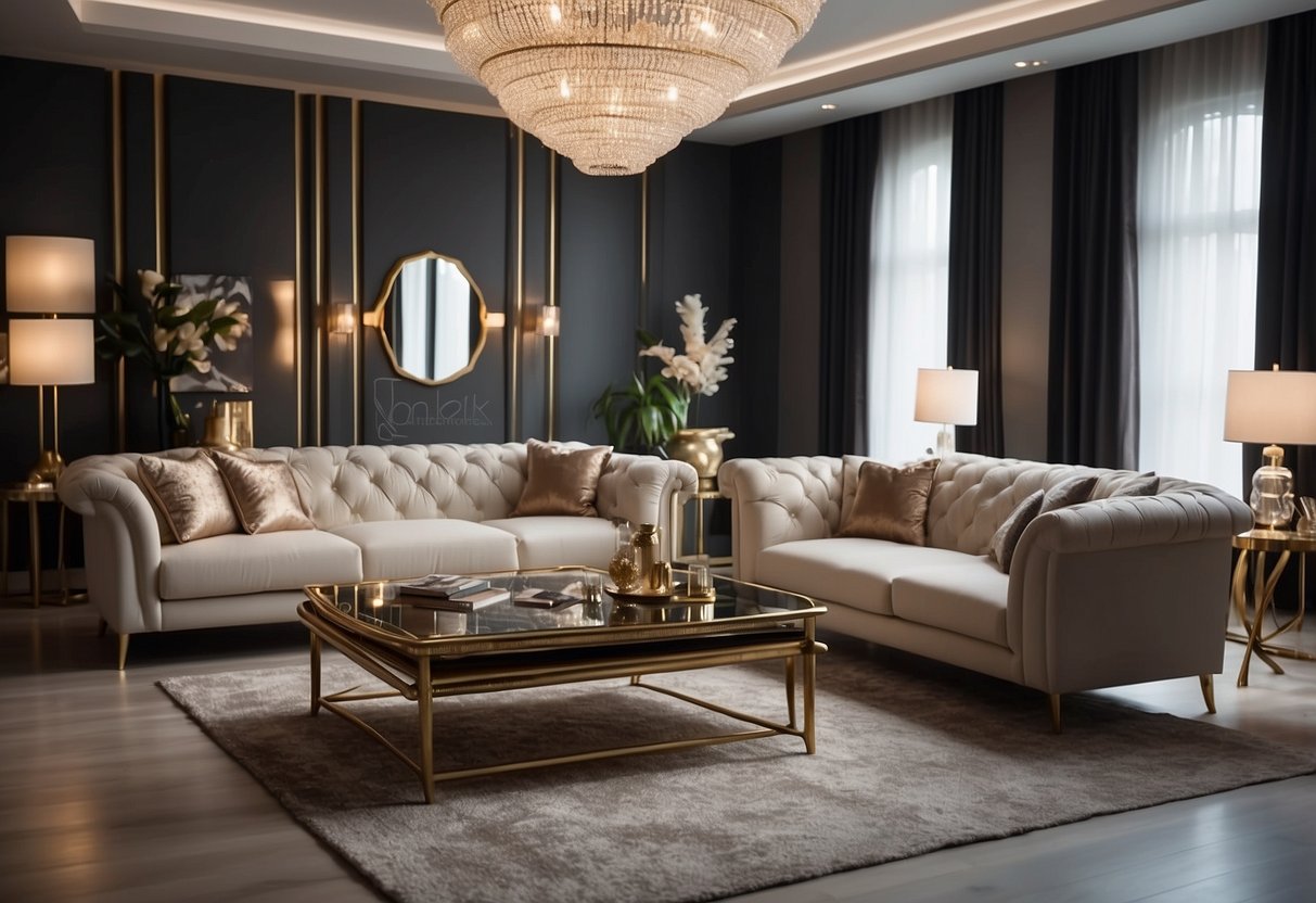 A showroom filled with modern and elegant furniture pieces, arranged in stylish room settings with soft lighting and luxurious fabrics