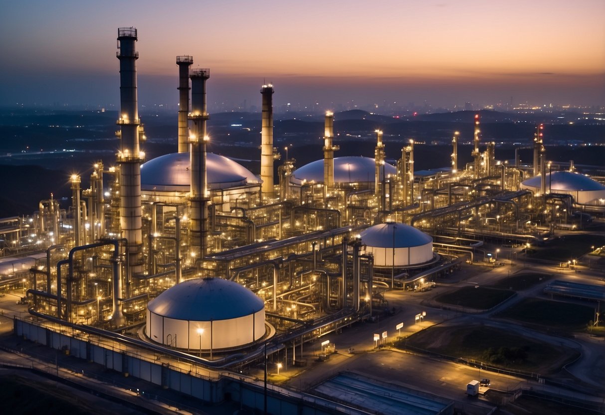 ExxonMobil Singapore: A bustling industrial complex with towering oil refineries, storage tanks, and pipelines against a backdrop of a clear blue sky