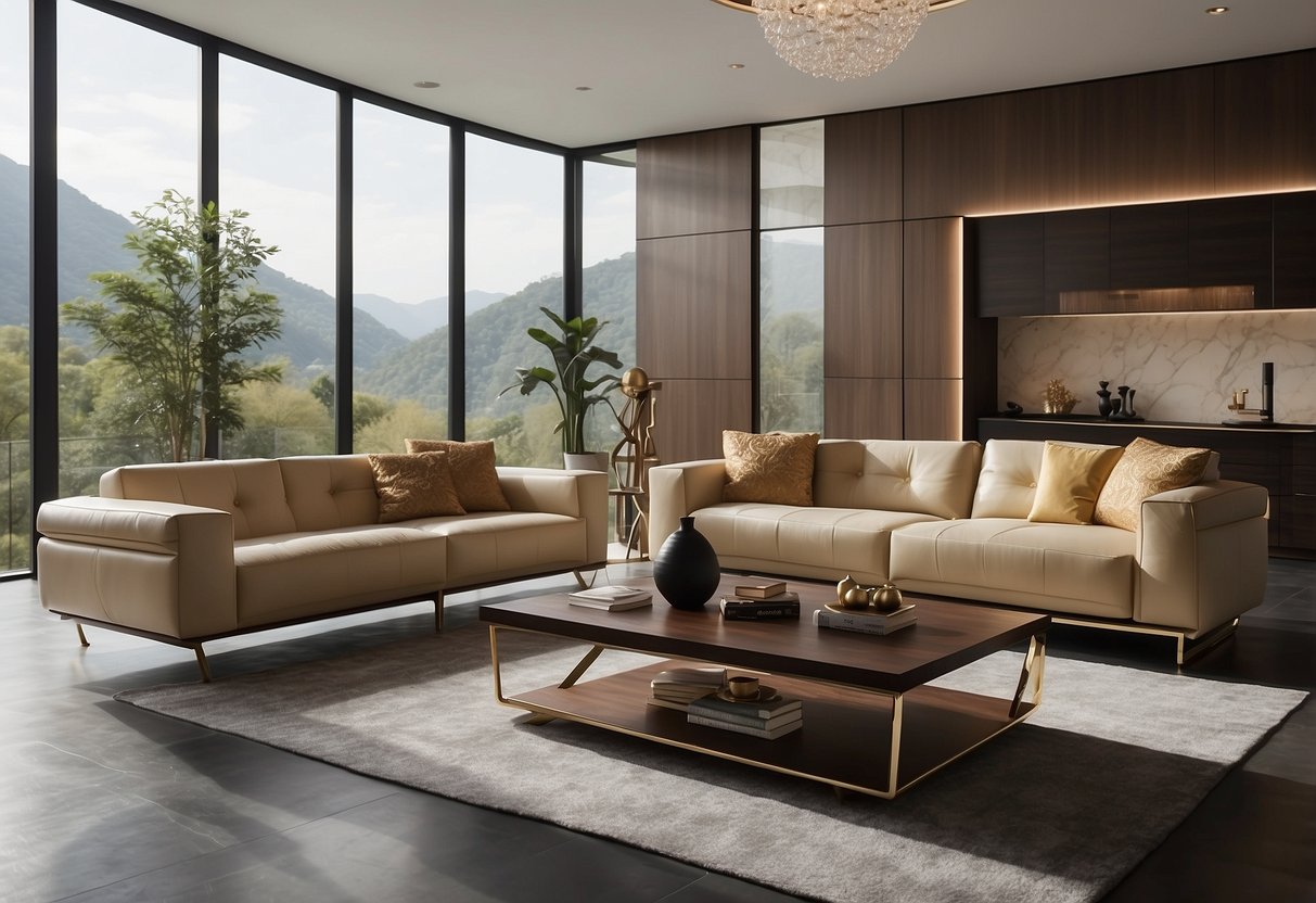 A modern living room with Cellini furniture, featuring sleek designs and high-quality materials. Bright natural light illuminates the space, showcasing the elegant and stylish pieces
