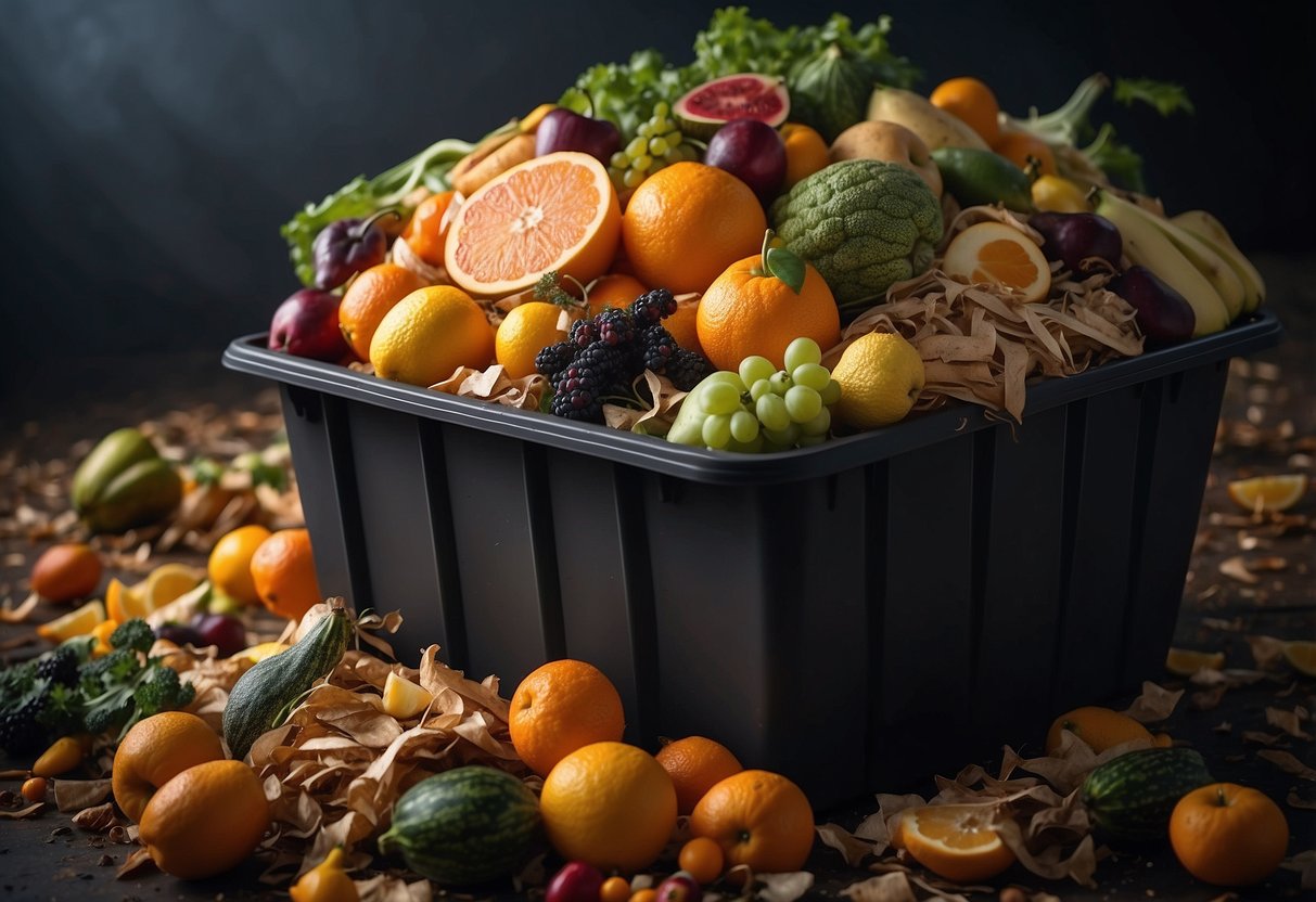 A pile of food scraps overflowing from a trash bin, with discarded fruits, vegetables, and packaged goods scattered on the ground