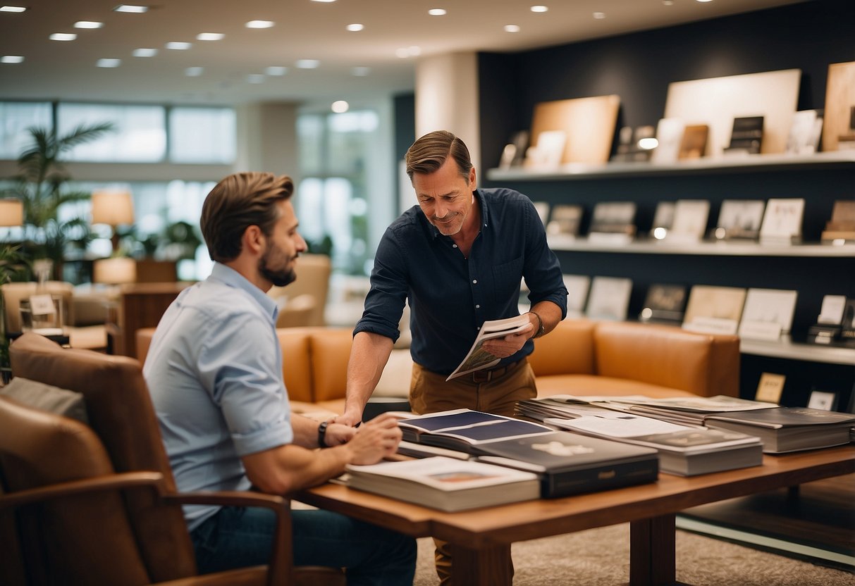 A customer browsing through a catalog of Cellini furniture, with a friendly salesperson nearby ready to answer any questions