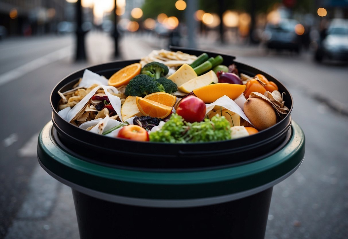 A table filled with half-eaten plates of food, empty takeout containers, and discarded fruits and vegetables. A trash bin overflowing with food scraps, all set against a backdrop of a bustling city