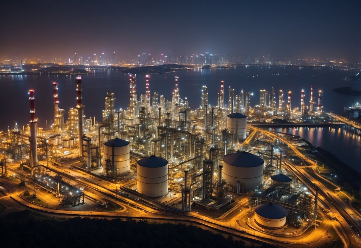 ExxonMobil's Singapore operations: Refineries, storage tanks, and shipping docks bustling with activity. Tall industrial structures and pipelines dominate the landscape against a backdrop of the Singapore skyline