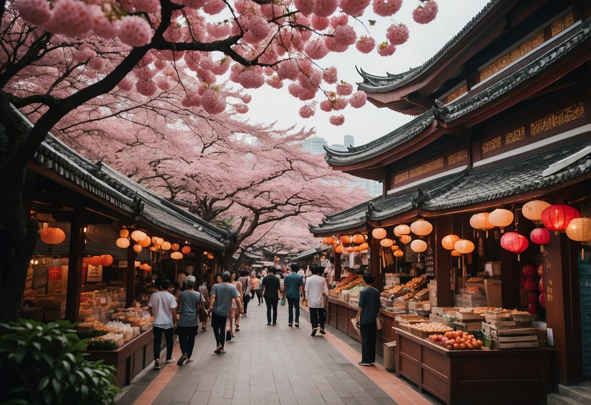 A bustling street market in Singapore, filled with vibrant red cherry blossoms in full bloom, surrounded by traditional Asian architecture