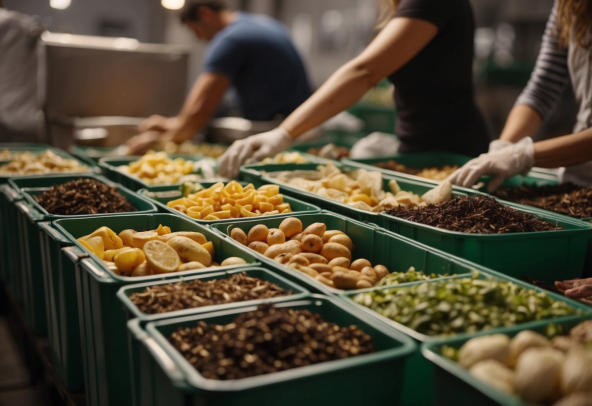 Various food items being sorted into separate bins labeled "compost," "donate," and "recycle." A person writing down inventory and organizing the process