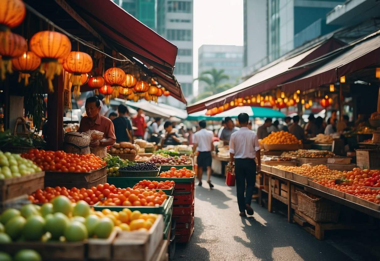 A bustling street market with vibrant cherry-themed decor and products, surrounded by a mix of traditional and modern Singaporean architecture