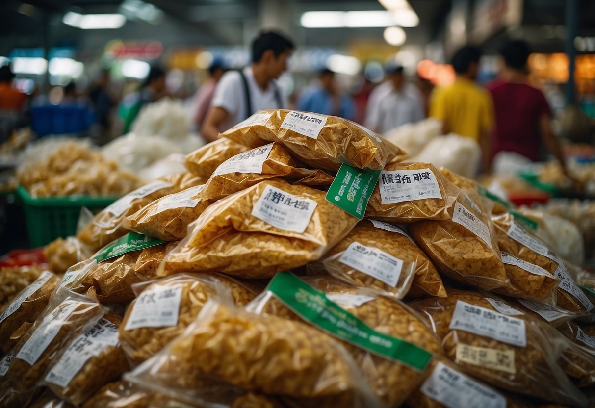 A mountain of discarded food packaging and scraps in a bustling Singaporean market, with a sign reading "Frequently Asked Questions about food wastage."