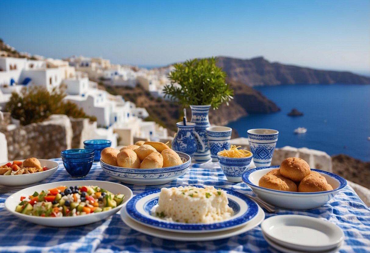 A table set with traditional Greek dishes, surrounded by vibrant blue and white decor, with the iconic Santorini landscape in the background