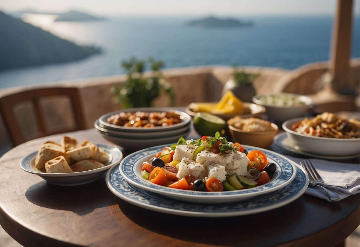 A table set with traditional Greek dishes, surrounded by vibrant decor and Greek music playing in the background