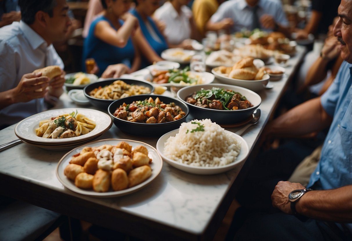 A table filled with traditional Greek dishes, surrounded by eager diners in a bustling Singaporean restaurant
