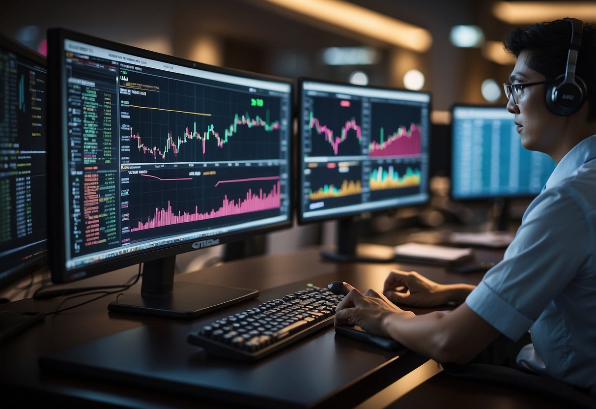 A computer screen displaying advanced trading features and services at CMC Singapore. Multiple charts and graphs are visible, along with real-time data feeds and analysis tools