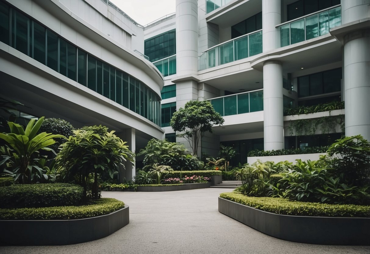 A bustling community hospital in Singapore, with modern architecture and lush greenery surrounding the entrance