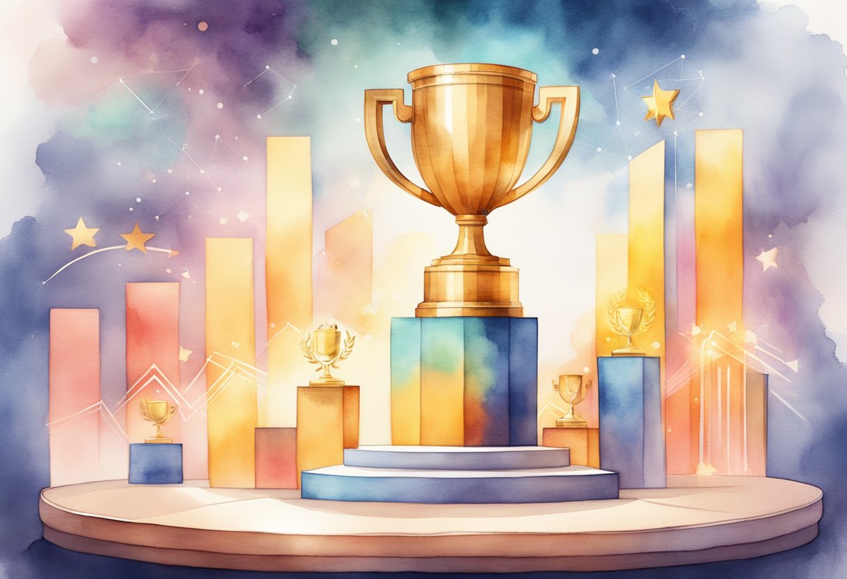 A podium with a glowing trophy, surrounded by charts and graphs, symbolizing success and achievement in business excellence